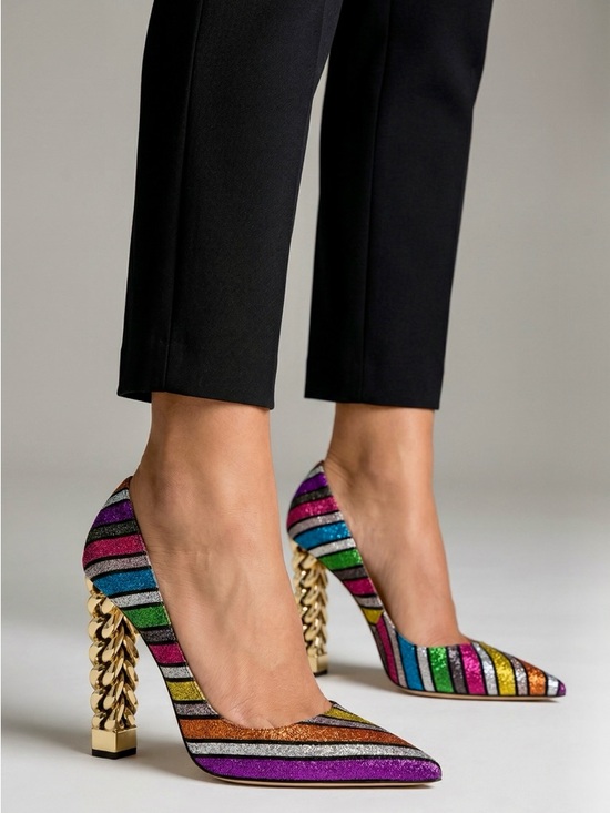 FSJ Shoes - FSJ Rainbow Glitter Stripes Pumps with Gold Sculptural Heel